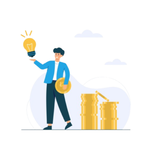 A business man has an idea with a gold coin in his hand.