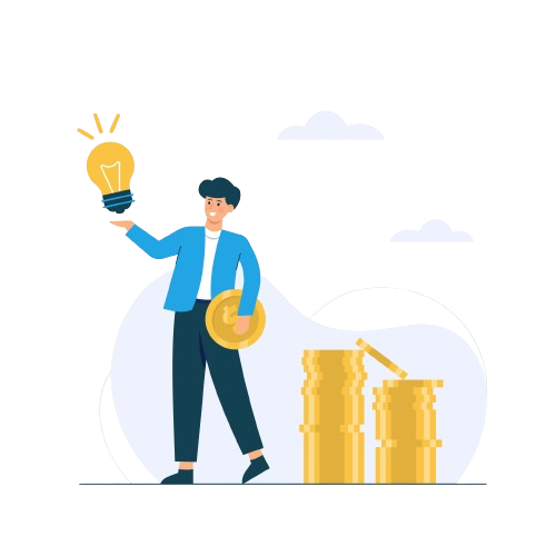 A business man has an idea with a gold coin in his hand.